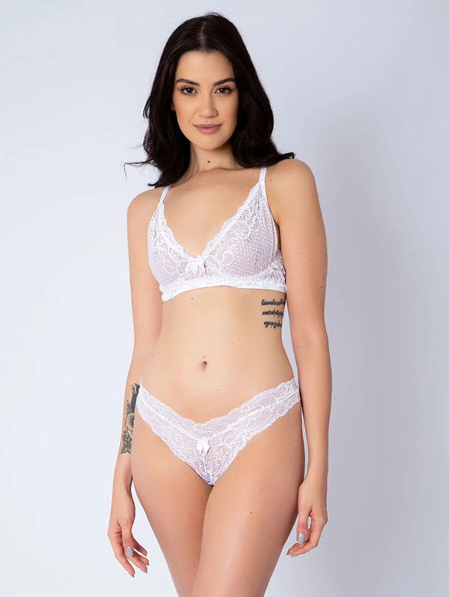 Conjunto Lingerie Todo De Renda Sem Bojo E Com Aro Branco