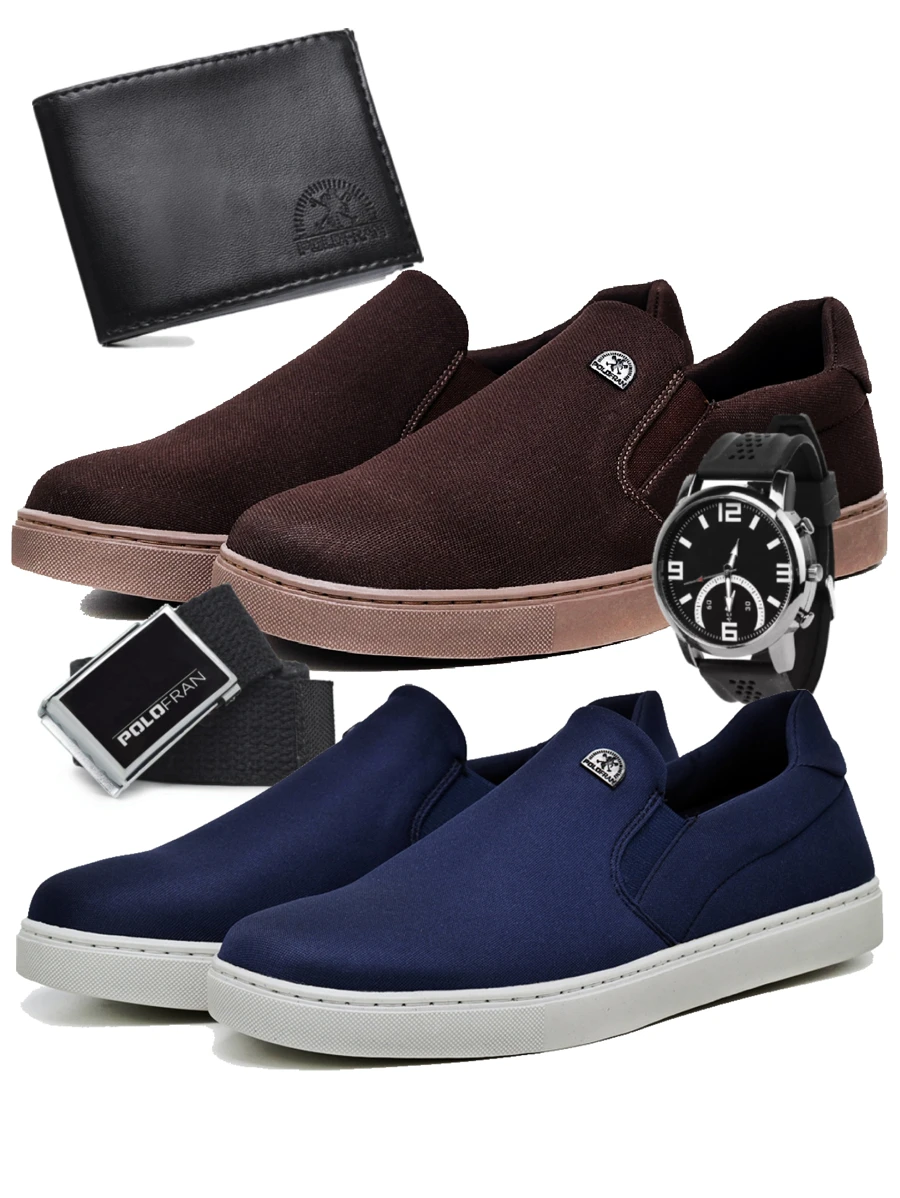 Kit 2 Pares Sapatênis Slip On Masculino Elástico Polo Fran Tênis Iate Casual Com Carteira Cinto e Relógio