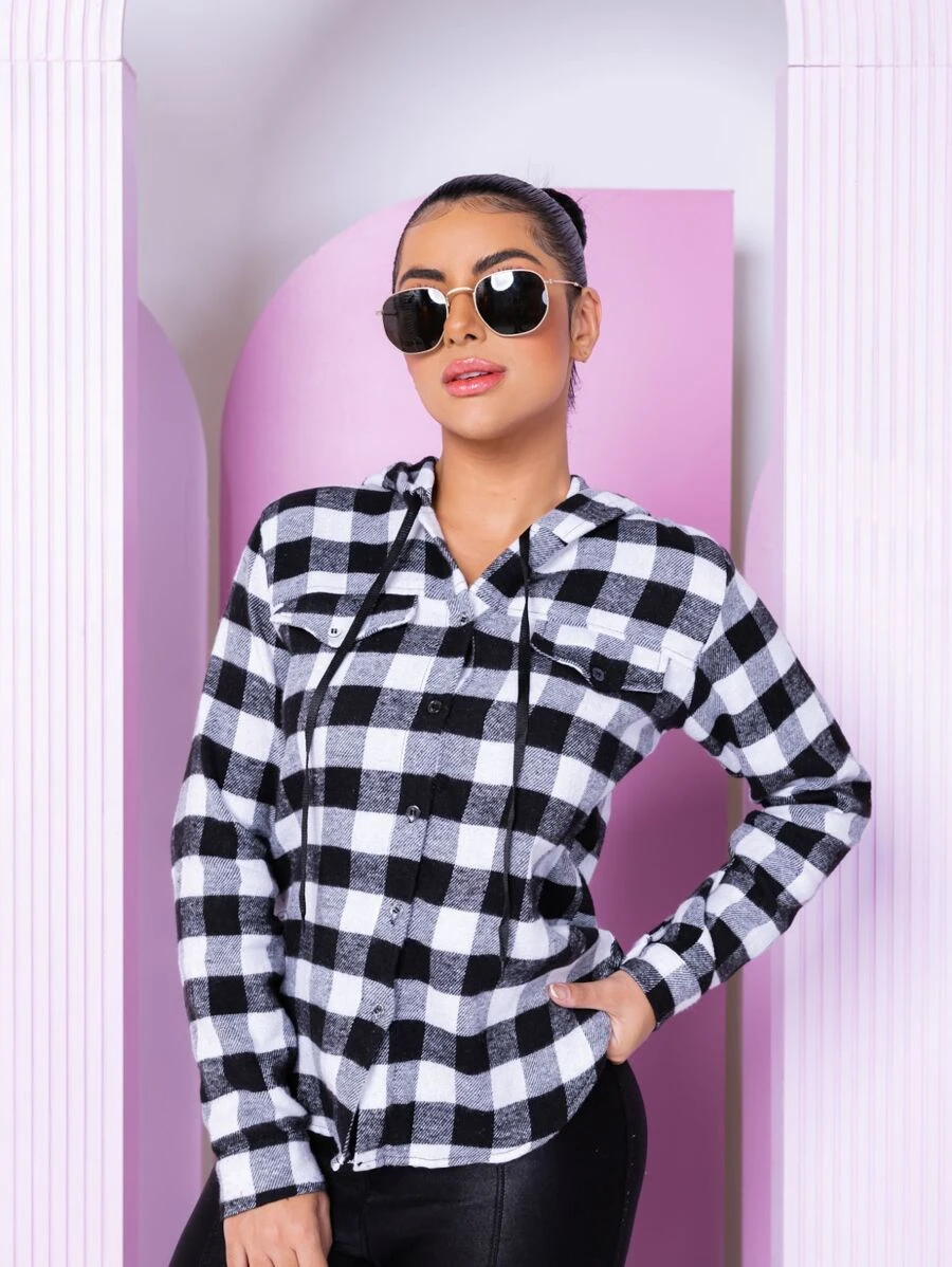 camisa xadrez blusa feminina franelado com capuz modinha