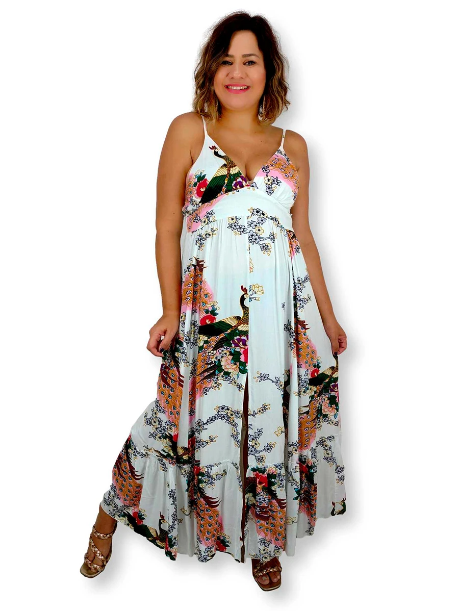 Vestido Longo Indiano Alça Estampa Floral com Fenda 7040