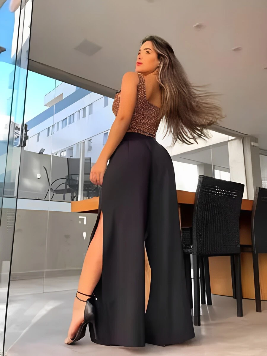 Calça Pantalona Flare Feminina Com Fenda Viscose Boca de Sino