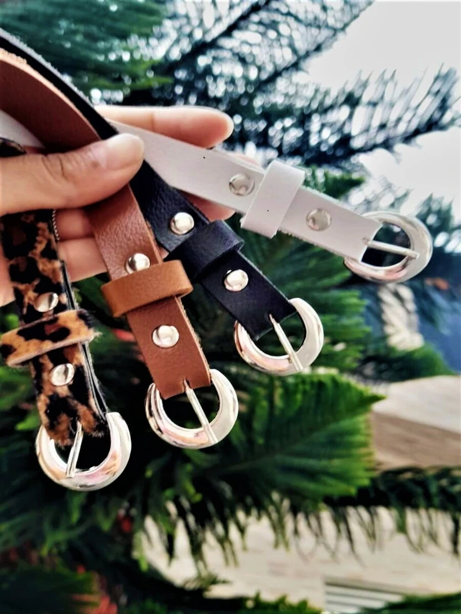 Kit Bia com 4 Cintos Fivela Prata meia lua