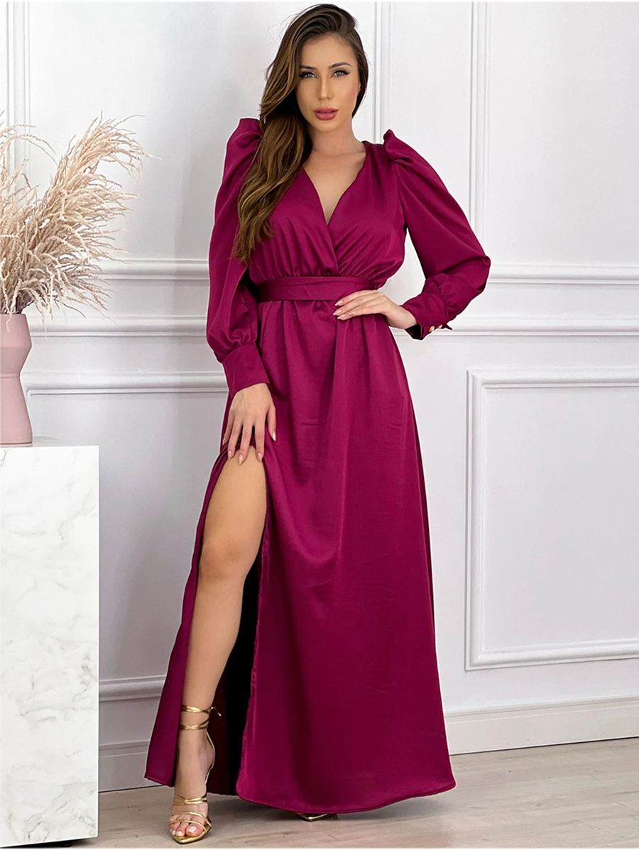 Vestido Longo Madrinha Casamento / Formatura Manga Longa Bufante Com Fenda