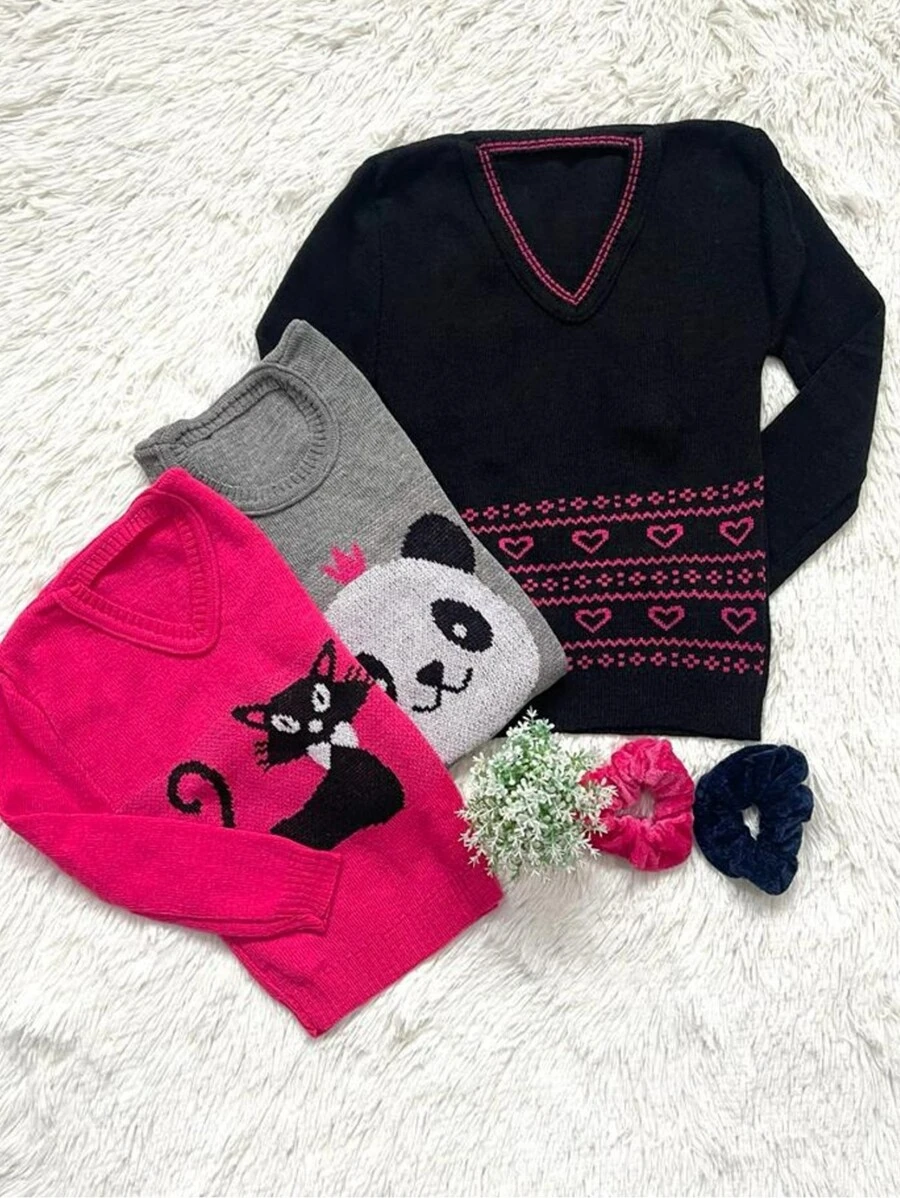 Kit com 3 blusa de moletom flanelado infantil para menina blusa de frio tricot de criança