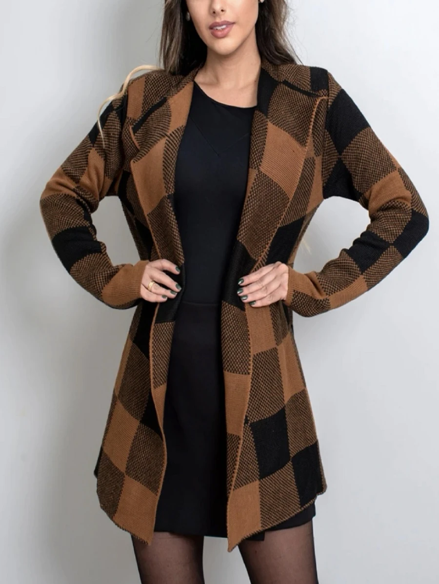 Jaqueta de tricô xadrez xadrez moda feminina