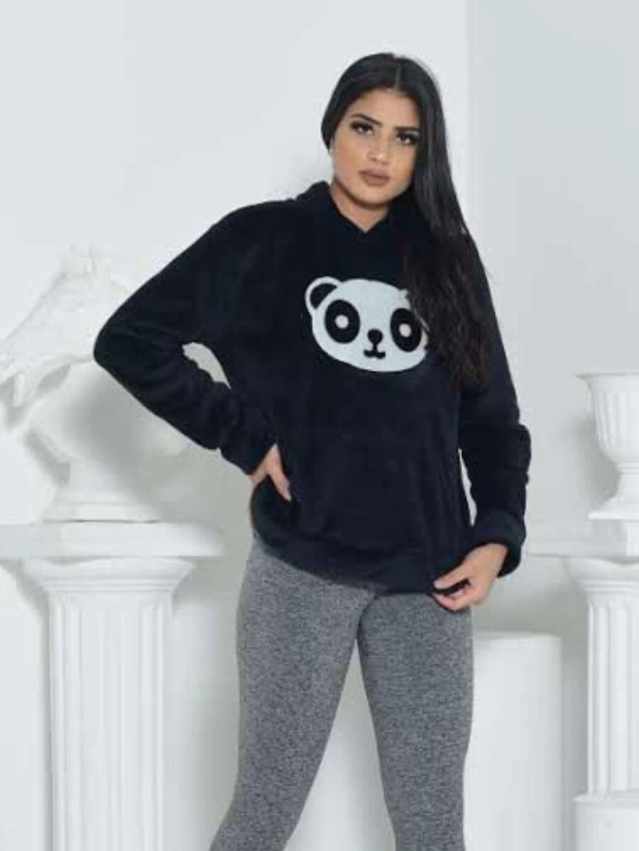 Blusa Feminina De Frio Panda Moletom Com Capuz Pelúcia
