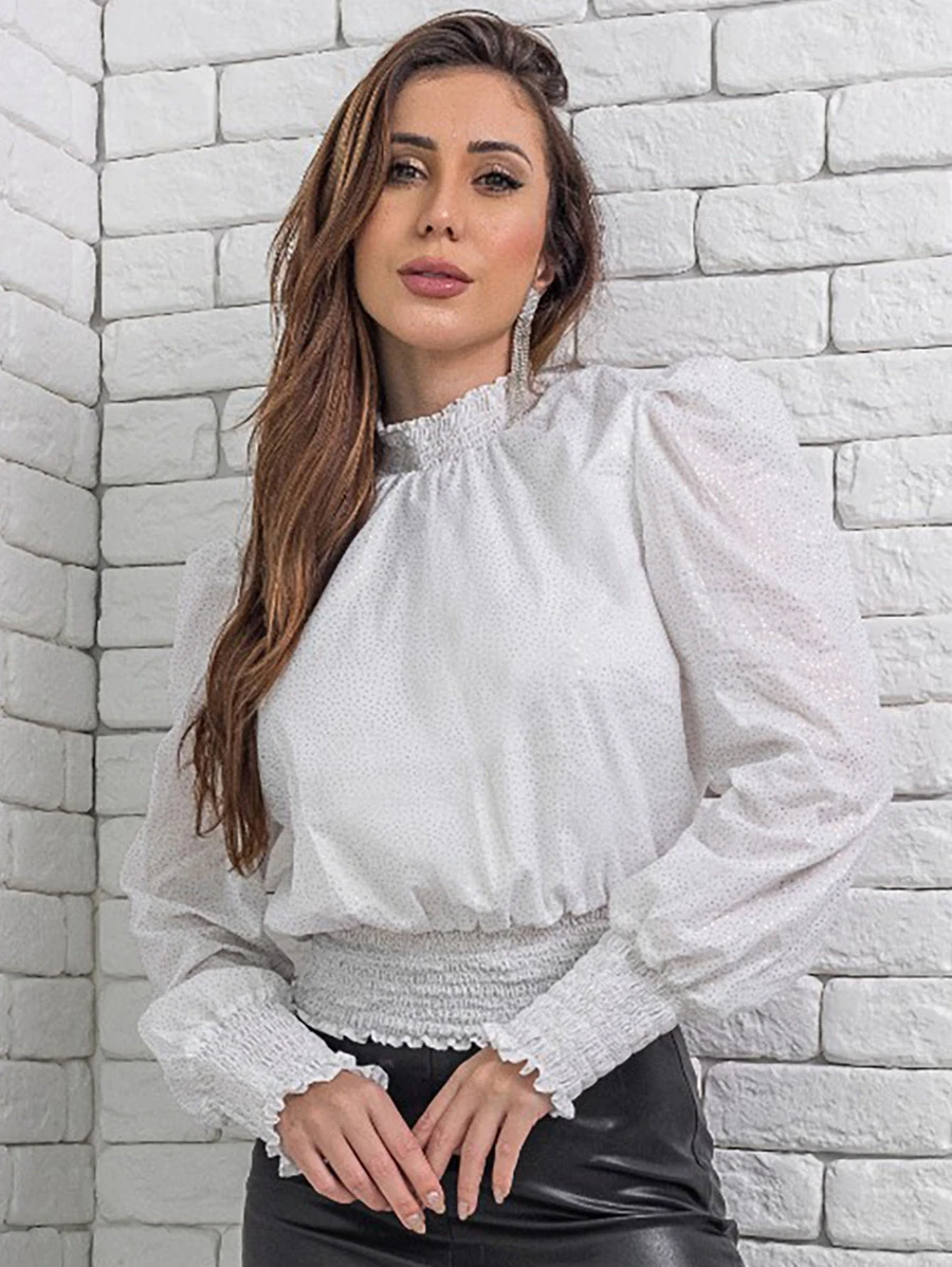 Blusa Feminina Delicada Manga Longa Gola Alta Lastex
