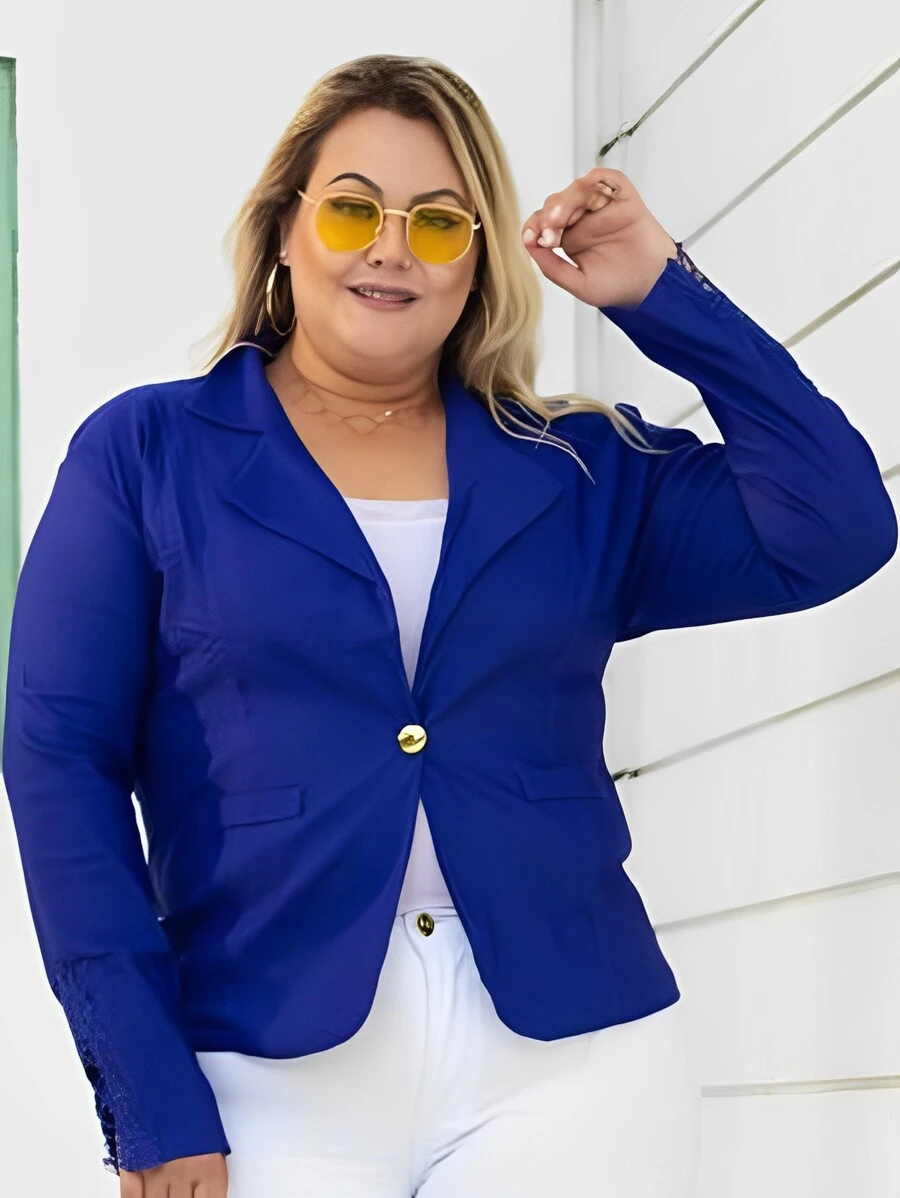 Blazer Feminino Botao Dourado Rendado Na Manga Plus Size G1 G2 G3