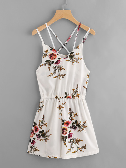 Floral Print Random Criss Cross Back Cami Romper