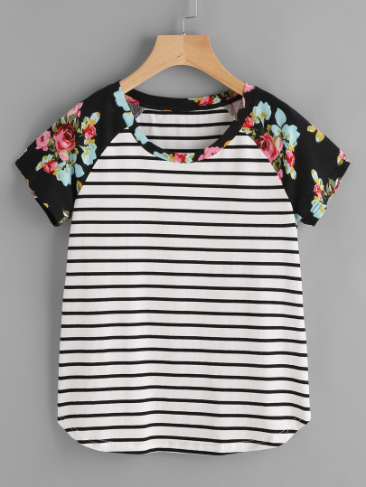 T-Shirt mit Blumen, Raglanärmeln und Streifen