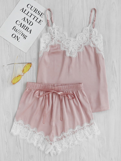 Lace Trim Satin Cami And Shorts Pajama Set