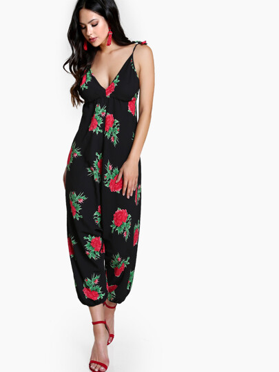 Flower Print Backless Tie Shoulder Jumpsuit