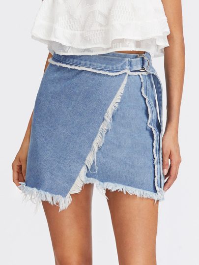 D-Ring Belted Frayed Overlap Denim Skirt