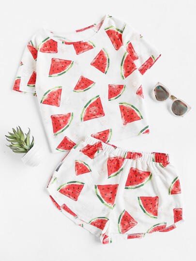 T-shirt con stamoa di anguria ,con pantaloncini