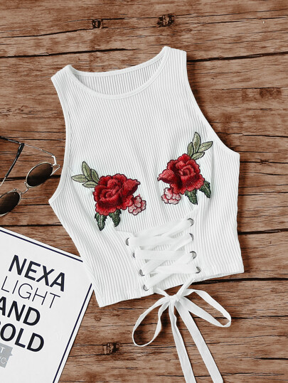 Embroidered Rose Patch Lace Up Ribbed Tank Top