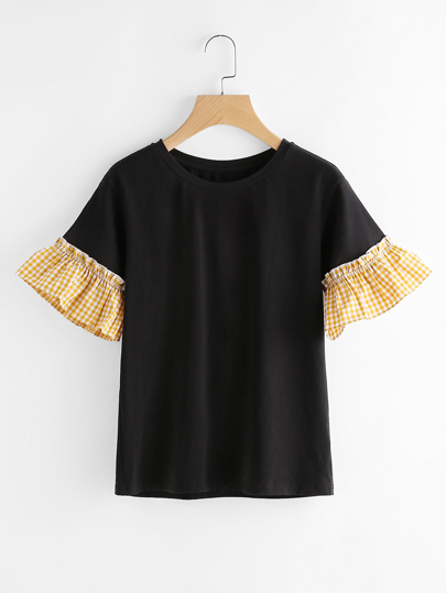Gingham Ruffle Sleeve T-shirt