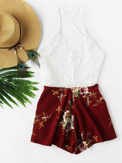Floral Print Lace Bodice Criss Cross Backless Romper