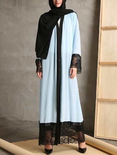 Contrast Floral Lace Trim Longline Abaya