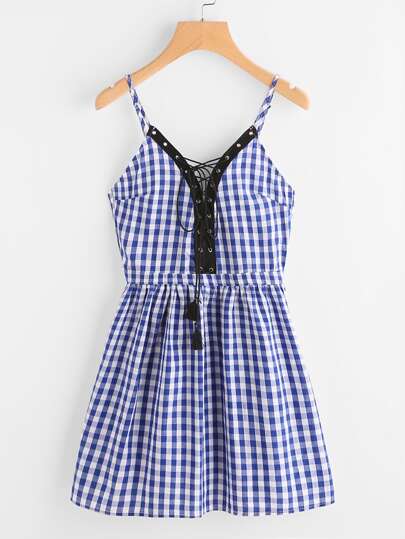 Cami straps Gingham Eyelet Lace Up Dress