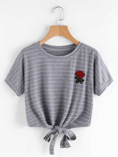 T-shirt mit Rosepatch,Streifen und Knoten vorne