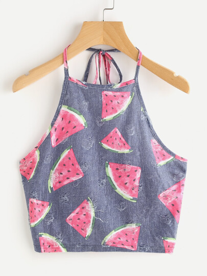 Top deshilachado de halter con estampado