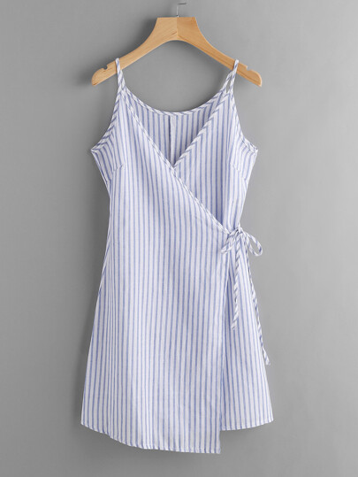 Vertical Striped Wrap Cami Dress
