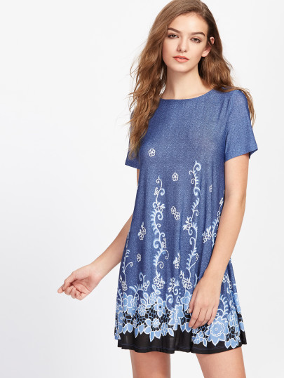 Vine Flower Print Flowy Dress