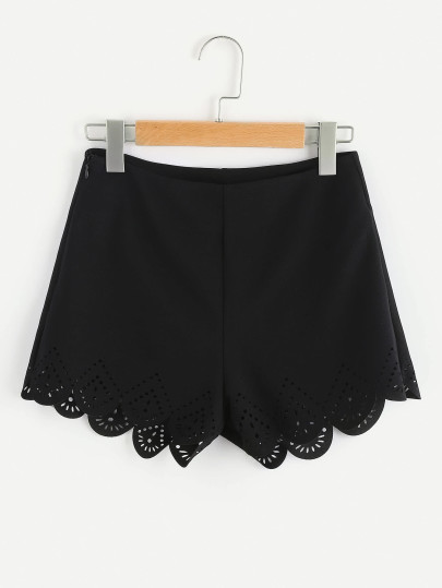 Zip Side Laser Cut Scallop Hem Tailored Shorts