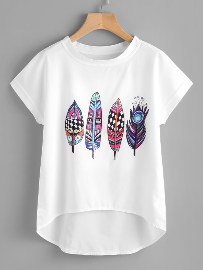 Top in chiffon con stampa di piuma