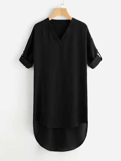 Drop Shoulder Roll Tab Sleeve Dip Hem Dress