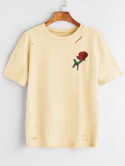 Tee-shirt lacéré brodé des roses