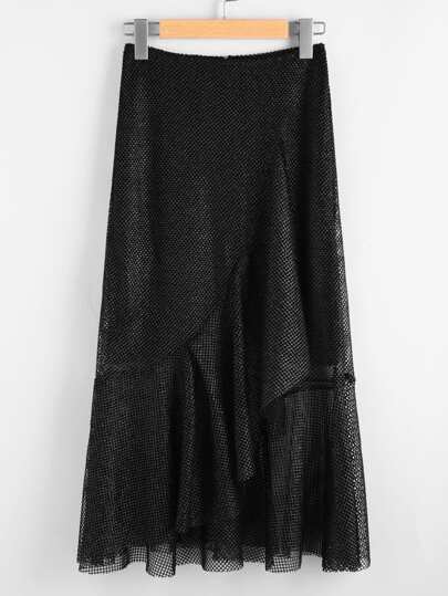 Asymmetric Flounce Trim Metallic Fishnet Skirt