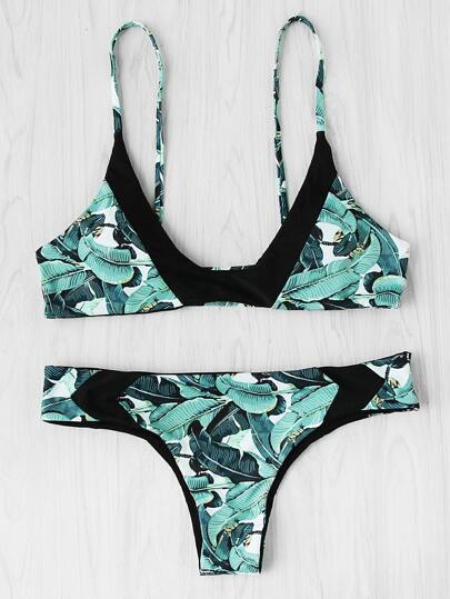 Ensemble de bikini imprimé tropical contrasté