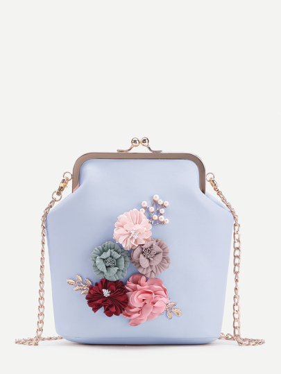 Applique Kiss Lock Chain Bag With Faux Pearl