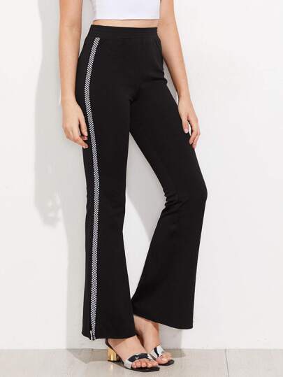 Checkered Panel Split Side Flare Pants