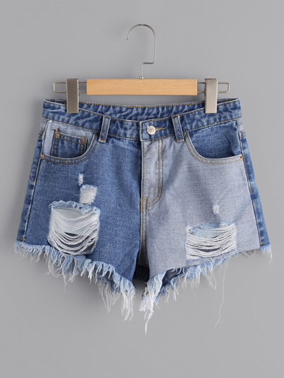 Distressed Contrast Denim Shorts