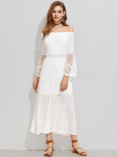 Bardot Embroidered Mesh Flute Sleeve Dress