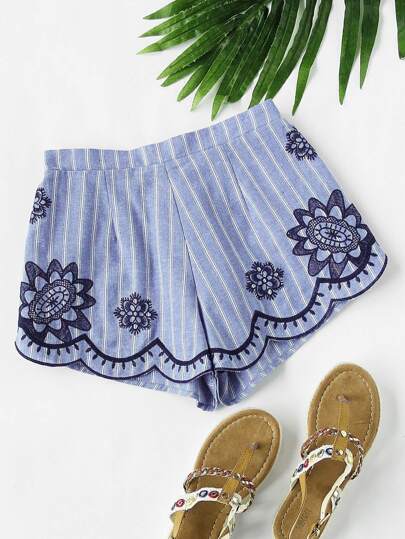 Shorts rayure mince brodé avec bord festonné