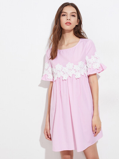 Floral Lace Applique Frill Sleeve Striped Babydoll Dress