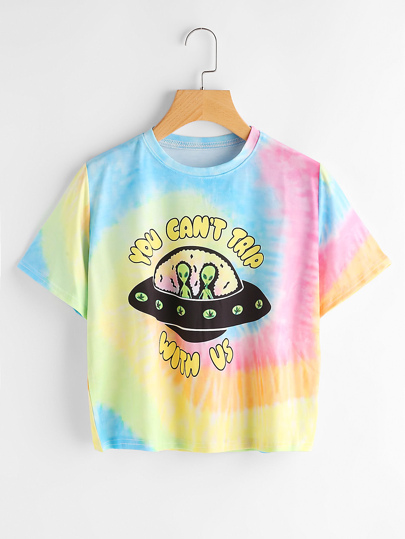 T-Shirt mit Slogan & Alien Muster und Wasserfarbe
