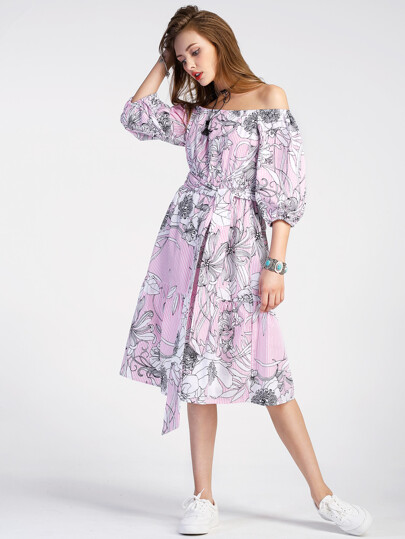 Robe manche puff imprimée fleuri avec un lacet