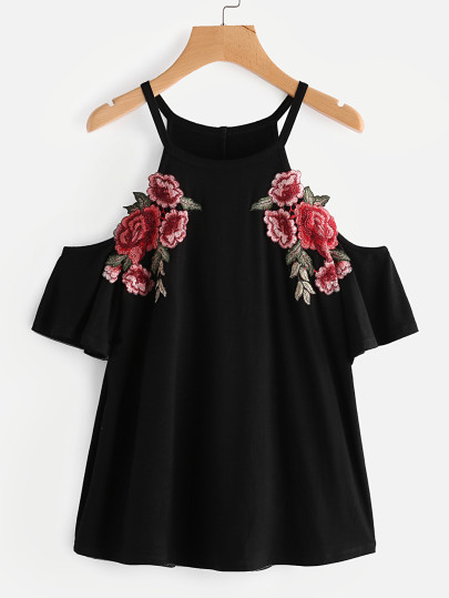Embroidered Rose Patch Cold Shoulder Tee