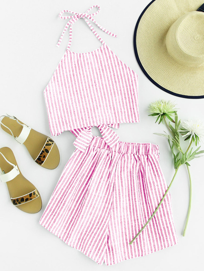 Halter Neck Striped Bow Open Back And Shorts Set