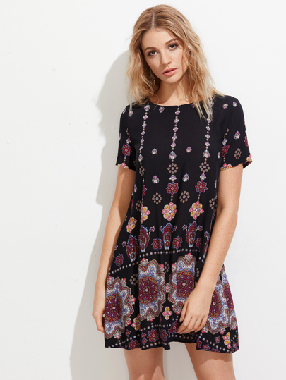 Mandala Print Short Sleeve Dress