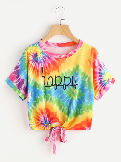 T-Shirt mit Wasserfarbe,Knoten vorne und Buchstabemuster