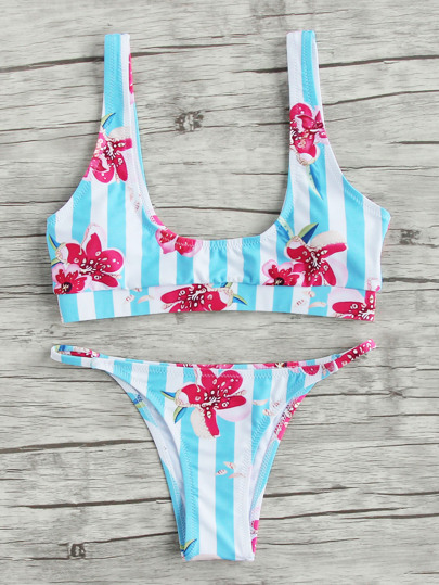 Set di bikini a strisce con stampa di fiore