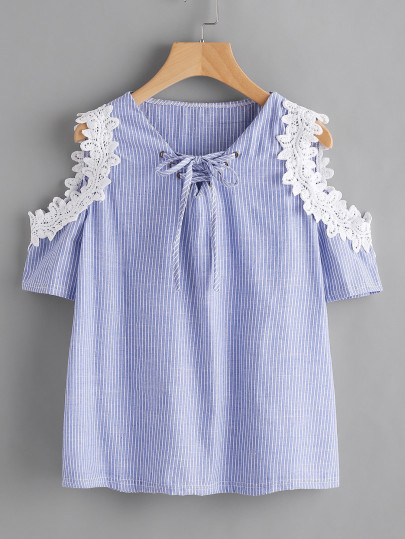 Crochet Applique Trim Open Shoulder Lace Up Pinstriped Top