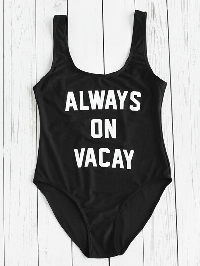 Contrast Slogan Scoop Neck Swimsuit