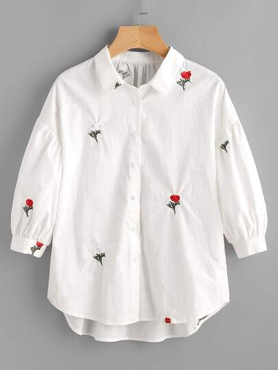 Drop Shoulder Flower Embroidery Bishop Sleeve Blouse