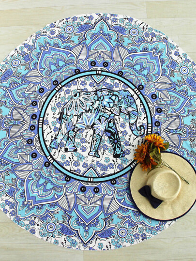 Telo mare rotondo stile boho con stampa di elefante e fiore